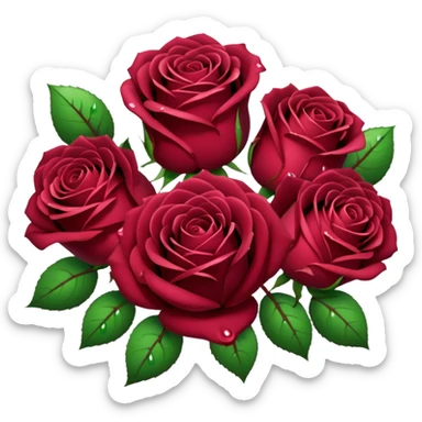 Realistic deep vibrant ￼burgundy roses, full bouquet,  dew drops, high definition sticker