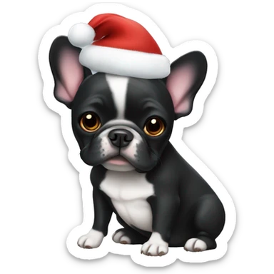 Black French bulldog wearing a Christmas hat sticker