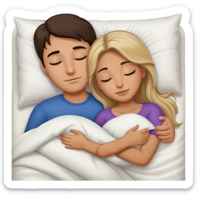 Man with dark brown hair and woman with long dark blonde hair in bed cuddling and sleeping  sticker