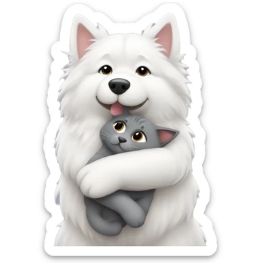 Samoyed hugging a full fluffy grey cat sticker