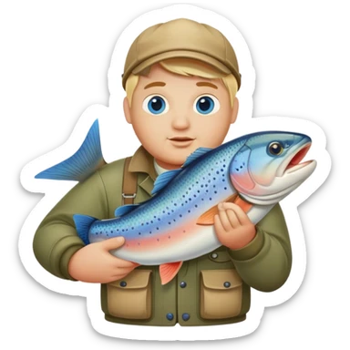Pêcheur blond avec bouc  grassouillet yeux bleus et présentant truite sticker