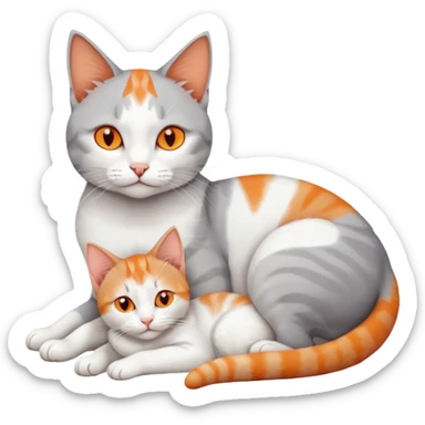 full body of a grey and white cat cuddling a very small + skinny ginger and white kitten with deep orange eyes and triangular shaped face lying down sticker