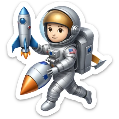 An icon featuring a rocket, a satellite, and an astronaut helmet, symbolizing aerospace technology. The design includes spacecraft, wings, and a planet, representing the exploration of space and aviation advancements. Transparent background. sticker