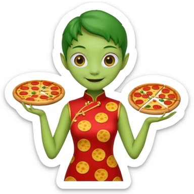 alien, wearing cheongsam, with pizza sticker
