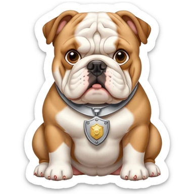 english bulldog with a security badge sticker