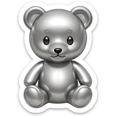 A cute teddy bear emoji made of liquid silver chrome, smooth rounded body, glossy metallic surface, soft reflections, friendly proportions, iOS emoji style, centered, clean white background sticker