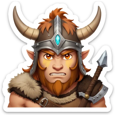 Clash of Clans aesthetic: Cinematic Fierce Barbarian Portrait Emoji, Poised and bold with a rugged yet cartoonish build in tattered furs and a horned helmet, his face rendered in a natural skin tone (not yellow), expressive bright eyes and a confident smirk, Simplified yet dynamic features, highly detailed, glowing with a vivid, adventurous aura, high shine, heroic and spirited, stylized with an air of medieval warrior charm, focused and energetic, soft glowing outline, capturing the essence of a fearless barbarian adventurer ready to lead his clan with spirited valor! sticker