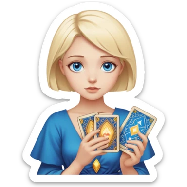 A blonde girl with blue eyes and short hair holds tarot cards sticker