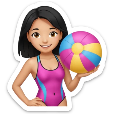 Hawaiian girl with black hair with pink highlights and a swimsuit, with beach ball sticker