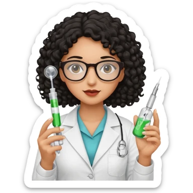 A tan girl, black curly hair with glasses a pharmacist, has a medicine syringe in her hand sticker