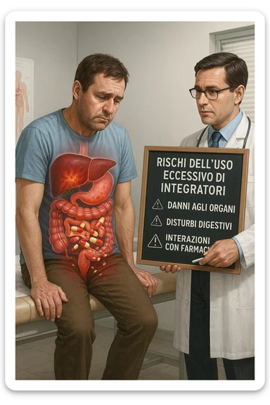 a man sits on a doctor’s examination table, looking fatigued and uncomfortable. A transparent anatomical overlay reveals his liver and intestines, both appearing inflamed and congested, with stylized supplement capsules and pills scattered throughout the digestive tract. The doctor stands nearby, holding a chart that highlights the risks of excessive supplement use. The mood is clinical and educational. in italiano iperrealistica sticker