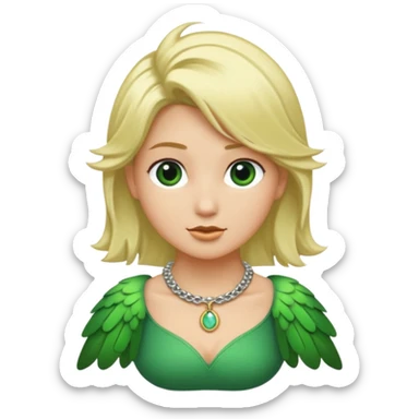 un oiseau classique de profil tout vert même sa tête  et un seul poil blond qui fait une petite bouclette sur le front avec le collier argenté avec des ronds attachés au collier est autour du coup de l’oiseau entre la tête et le corps sticker