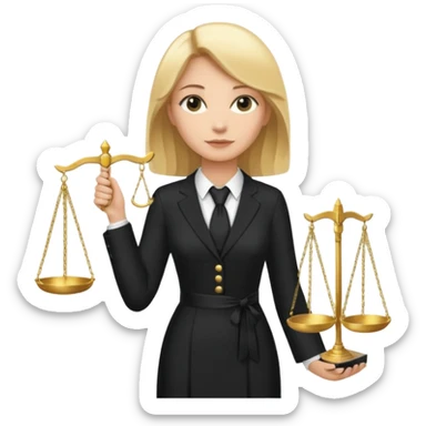 woman lawyer blanche et blonde avec des cheveux mi-long; elle est habillée avec une longue robe noire et une cravate blanche; elle porte la justice sticker