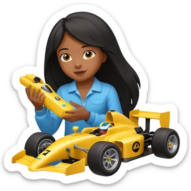  long black haired black girl kid playing yellow colored formula 1 car toy sticker