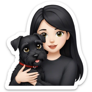pale girl  with light eyes and long black hair wearing black shirt kissing schnauzer holding smiling black schnauzer  sticker