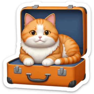 A chubby cat sitting proudly next to a neatly packed suitcase. sticker