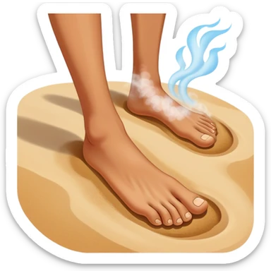 bare foot taking a step on extremely hot beach sand with heat waves and steam rising, showing discomfort without blood sticker