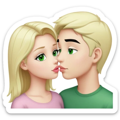 A blonde girl with fair skin and green eyes and light pink lips and a boy with black hair and fair skin and green eyes are kissing  sticker