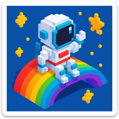 astronaut riding rainbow in starry night, colored background sticker
