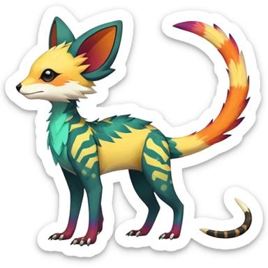 Rare realistic exotic edgy epic pretty beautiful handsome gorgeous aesthetic colorful vibrant Vernid-Trico-species-Fakemon-creature by LiLaiRa, 4 legs, 1 tail, random markings, (full body) sticker