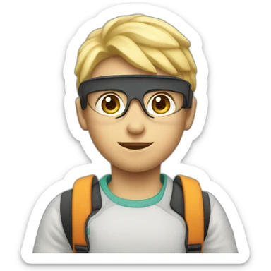 A boy with blond mesh, with an apple device in his hand and an apple logo on his wears sticker