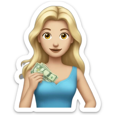 white girl in a blue dress her hair out holding the money sticker