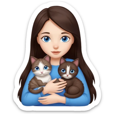 a pretty girl with long dark 
brown hair, with blue eyes, hugs 3 different natural coloured small cats sticker