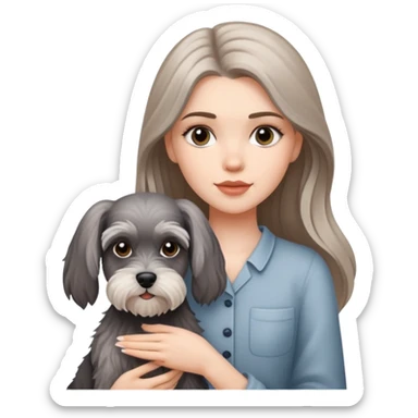 A beautiful white girl with long hair holding a schnauzer sticker