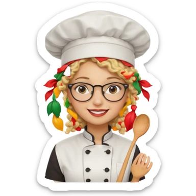 blonde girl with curly hair and glasses with a Mexican hat and chefs uniform sticker