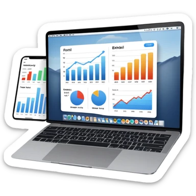Create a macbook displaying financial charts and analytics dashboards on the screen. sticker