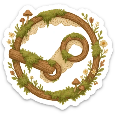 Steam logo inspired by cottagecore style: circle and connecting arms made of wood and lace, decorated with moss, tiny mushrooms, and wildflowers, soft earthy tones, cozy and whimsical, no text sticker
