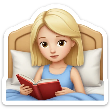 A blonde girl that is reading a book in bad with soft light  sticker