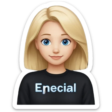 a new character a girl with shoulder length blonde hair wearing black clothes and wearing a cheeky smile she has blue eyes her black sweater has an emo style badge remove the badge and instead add the words special sticker