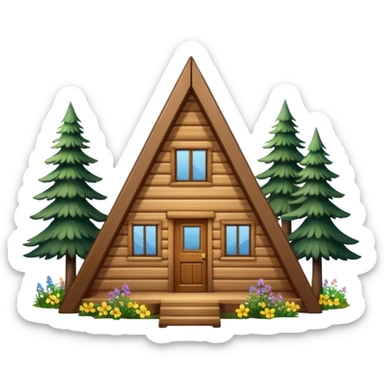 triangle small cabin in the woods, surrounded by pines, with flowers around sticker