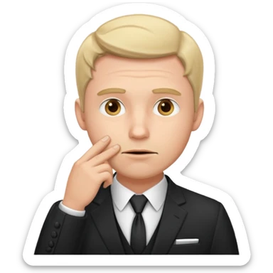 white man in formal suit thinking hard, hand to mouth sticker