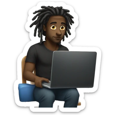 Black-guy-with-dreads-wearing-black-trackstuit-sitting-down-on-chair facing-foward-focused-on-laptop-computer- sticker