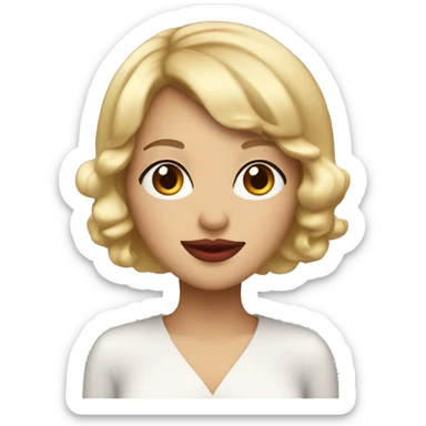 blonde with a bob and brown eyes in a New Year's cap and red lips sticker