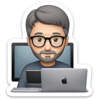 Profesor de pelo gris marrón oscuro con gafas un poco de barba jersey gris y un ordenador los óleos son marrones con poca cantidad de pelo sticker