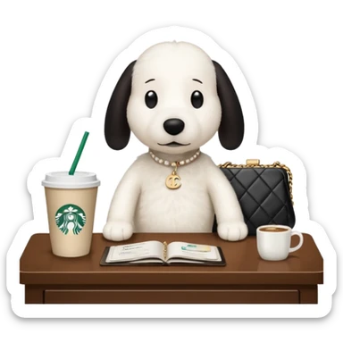 snoopy in a desk with starbucks and his chanel purse sticker