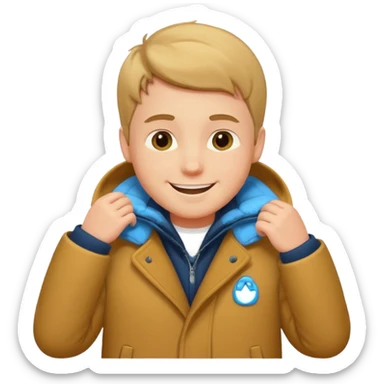 emoji- of a white boy putting on his coat sticker