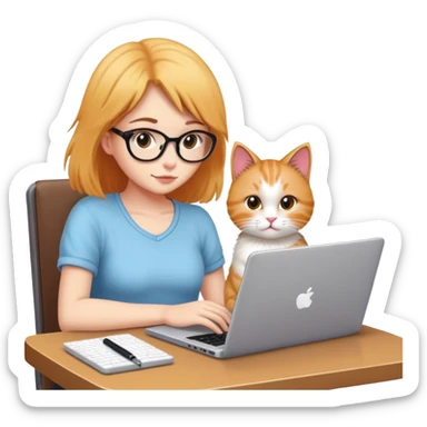 A girl is working hard on a laptop with a cat next to it sticker