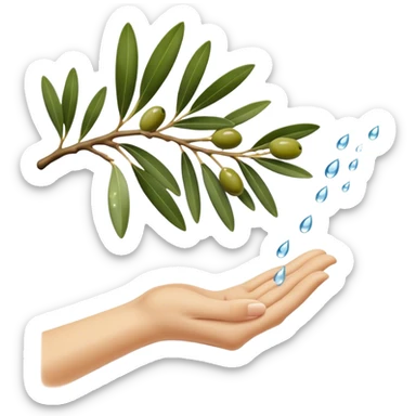 gocce d'acqua che cadono verso il basso da mano che stringe ramo di ulivo sticker
