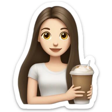 a brunette white girl with long straight hair holding an iPad and an Ice Latte sticker
