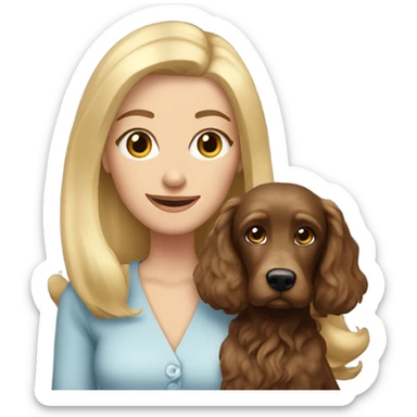 Old blue eyed blonde lady with long straight hair with dark brown Cockapoo puppy dog sticker