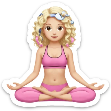 a blond girl sitting in yoga pose in the pink swimwear with white long curly hair sticker