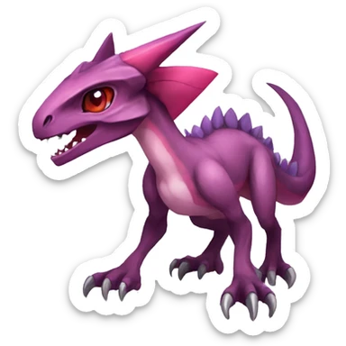 Chibi-Anthro Mauve-maroon-red-colored edgy anthro-genesect-velociraptor-scalie-sona-Fakémon-hybrid with a purple-pink mane on head and back and horns full body sticker