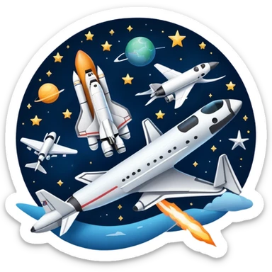 An icon featuring a space shuttle, a drone, and an airplane against a starry sky, symbolizing aerospace technology. The design includes rocket boosters and satellite orbits, representing the exploration of space and advanced aviation. Transparent background sticker