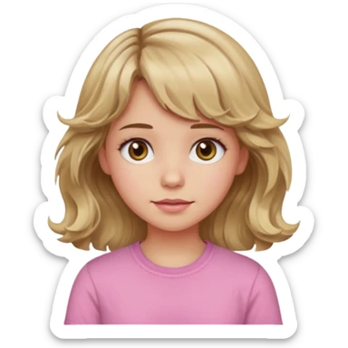 girl with wavy dirty blonde hair and wavy bangs, hazel eyes, white skin, pink cute shirt sticker