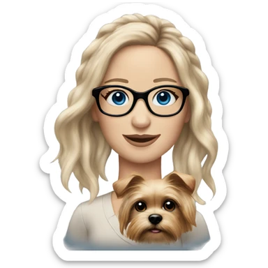 Jennifer Lawrence realistic with blue eyes and glasses holding a Yorkshire terrier  sticker