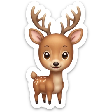 A cute deer is lying, small and simple, with big round eyes, a gentle smile, short antlers, soft beige fur with slightly lighter spots on its back, rounded cartoon-like proportions, minimal shading, vector-style, sticker